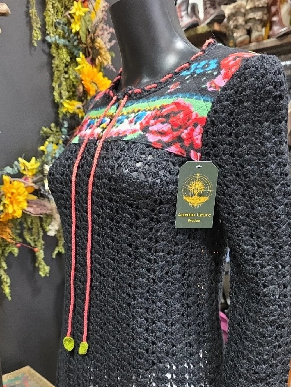 Rare! Free People Black Crochet Tunic with Red & Green Floral Yoke